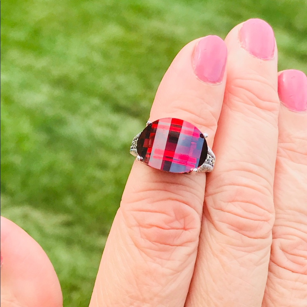 Garnet CZ Swiss Marcasite Rhodium Plated Ring